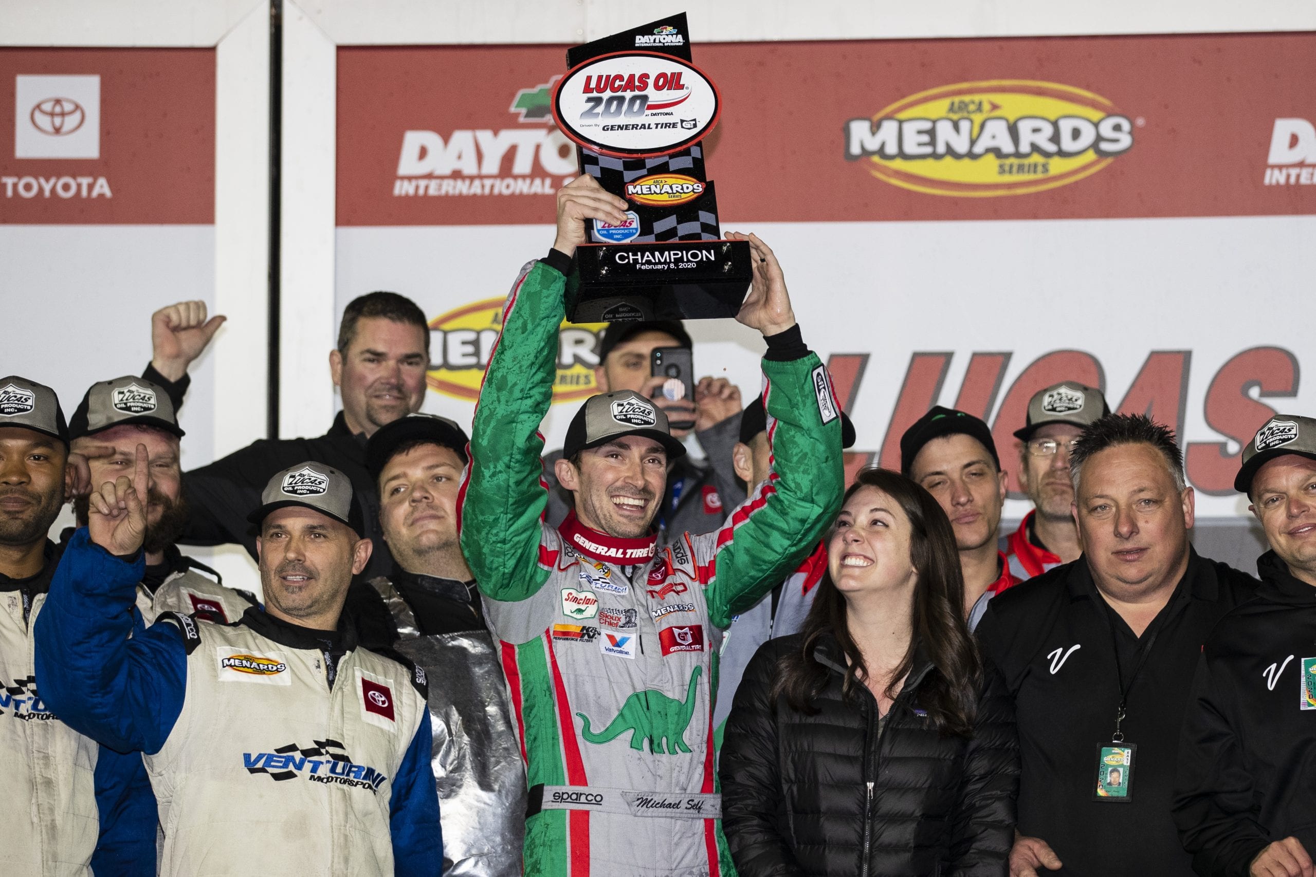 Michael Self celebrates winning the Lucas Oil 200 Driven By General Tire in Gatorade Victory Lane for the ARCA Menards Series at Daytona International Speedway on Saturday, Feb. 8, 2020.