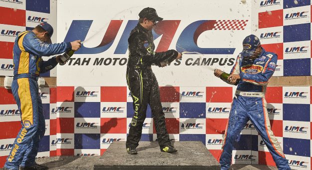 GRANTSVILLE, UT - SEPTEMBER 11: (L) Second place finisher Todd Gilliland, driver of the #16 NAPA Auto Parts Toyota, (R) third pace finisher Ryan Partridge, driver of the #9 Sunrise Ford/Eibach Springs/Lucas Oil Ford, spray winner Noah Gragson, driver of the #7 SPEEDVEGAS/AlertID/Colliers Int'l Ford, after the NASCAR K&N Pro Series West UMC 110 presented by Ken Garff Volvo - Day 2 at Utah Motorsports Campus on September 11, 2016 in Grantsville, Utah. (Photo by Gene Sweeney Jr./NASCAR via Getty Images) *** Local Caption ***Todd Gilliland; Ryan Partridge; Noah Gragson