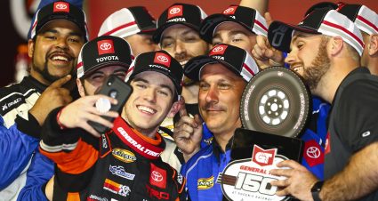 PHOENIX, AZ - MARCH 06:  Chandler Smith, driver of the #20 JBL Toyota, celebrates in victory lane after winning the ARCA Menards General Tire 150 on March 6, 2020 at Phoenix Raceway in Phoenix, Arizona. (Adam Glanzman/ARCA Racing)
