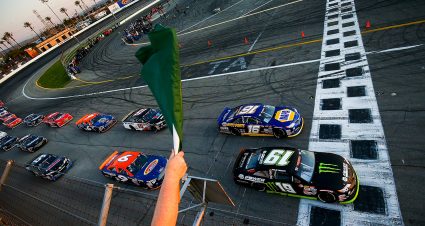 IRWINDALE, CA - MARCH 30:  The green flag is waved to start the NASCAR K&N Pro Series West ENEOS NAPA Auto 150 on March 30, 2019 at Irwindale Speedway in Irwindale, California. (Adam Glanzman/NASCAR)