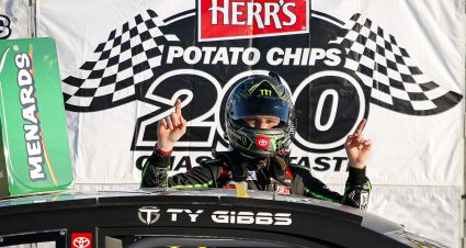 Ty Gibbs, Toyota Camry, Monster / Terrible Herbst / ORCA Coolers celebrates winning the Herr’s Potato Chips 200 presented by Federated Car Care for the ARCA Racing Series presented by Menards at Toledo Speedway on Saturday, June 13, 2020. (Barry Cantrell/ARCA Racing)