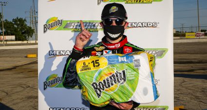 Ty Gibbs celebrates winning the Herr’s Potato Chips 200 presented by Federated Car Care for the ARCA Menards Series East at Toledo Speedway on Saturday, June 13, 2020. (Barry Cantrell/ARCA Racing)
