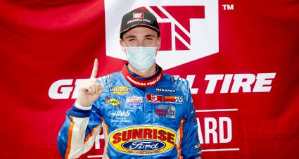Blaine Perkins, driver of the #9 Sunrise Ford/Four Star Fruit-Lucas Oil Ford, poses after winning the pole award during qualifying for the ENEOS/Sunrise Ford Twins presented by West Coast Stock Car Hall of Fame for the ARCA Menards Series West at the Utah Motorsports Campus in Tooele, Utah, on Saturday, June 27, 2020. (Isaac Hale/ARCA Racing)