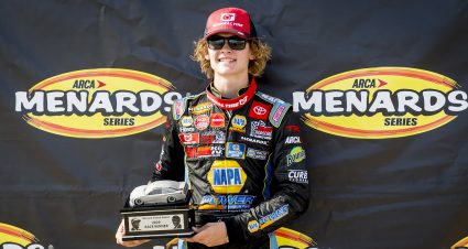 Jesse Love, driver of the #19 NAPA Power Premium Plus Toyota, poses with the Marcum-France Award after winning the first ENEOS/Sunrise Ford Twins presented by West Coast Stock Car Hall of Fame race for the ARCA Menards Series West at the Utah Motorsports Campus in Tooele, Utah, on Saturday, June 27, 2020. (Isaac Hale/ARCA Racing)