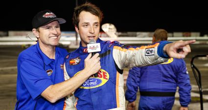Trevor Huddleston #9 is interviewed after winning the NASCAR K&N Pro Series West ENEOS Napa Auto 150 on March 30, 2019 at Irwindale Speedway in Irwindale, California.
