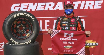 Chandler Smith, driver of the #20 JBL Audio Toyota, after winning the pole for the Calypso Lemonade 200 for the ARCA Menards Series at Lucas Oil Raceway in Brownsburg, Indiana on Friday, July 3, 2020. (AJ Mast/ARCA Racing)