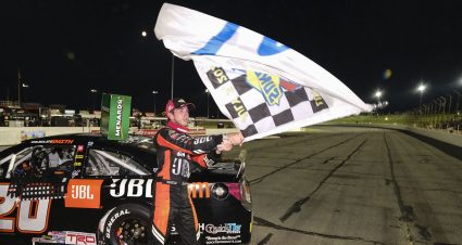 Chandler Smith, driver of the #20 JBL Audio Toyota, after winning the Calypso Lemonade 200 for the ARCA Menards Series at Lucas Oil Raceway in Brownsburg, Indiana on Friday, July 3, 2020. (AJ Mast/ARCA Racing)