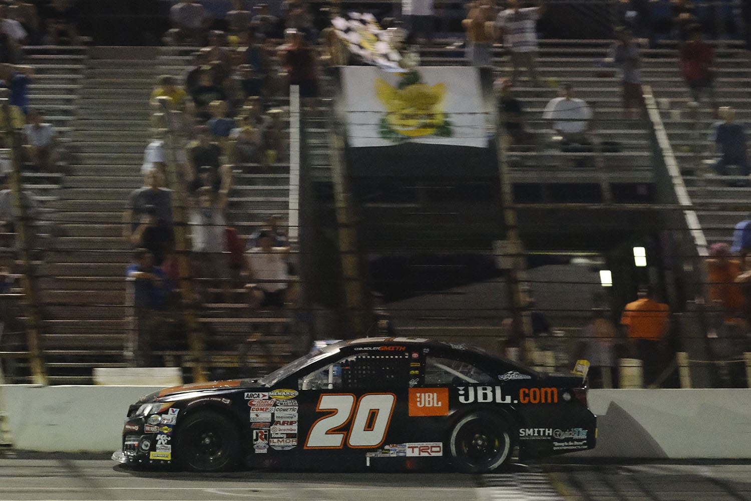 Chandler Smith, driver of the #20 JBL Audio Toyota, wins the Calypso Lemonade 200 for the ARCA Menards Series at Lucas Oil Raceway in Brownsburg, Indiana on Friday, July 3, 2020. (AJ Mast/ARCA Racing)