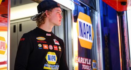 Jesse Love, driver of the #19 NAPA Power Premium Plus Toyota, at the ENEOS 125 presented by NAPA Auto Parts as part of the ARCA Menards Series West held at Irwindale Speedway in Irwindale, Calif. on July 4, 2020.