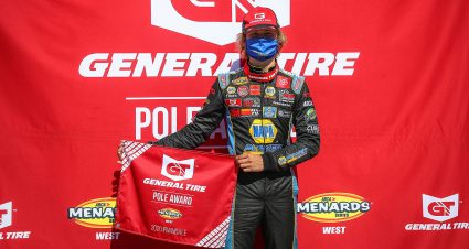 Jesse Love, driver of the #19 NAPA Power Premium Plus Toyota, wins the pole award at the ENEOS 125 presented by NAPA Auto Parts as part of the ARCA Menards Series West held at Irwindale Speedway in Irwindale, Calif. on July 4, 2020.