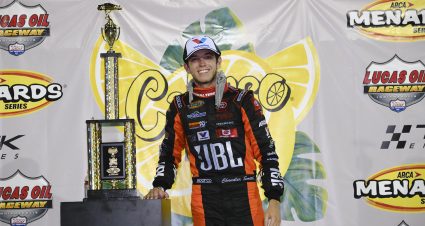 Chandler Smith, driver of the #20 JBL Audio Toyota, after winning the Calypso Lemonade 200 for the ARCA Menards Series at Lucas Oil Raceway in Brownsburg, Indiana on Friday, July 3, 2020. (AJ Mast/ARCA Racing)