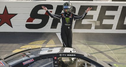 Ty Gibbs, driver of the #18 Monster Energy-Terrible Herbst-ORCA Toyota celebrates winning the Shore Lunch 150 for the ARCA Racing Series presented by Menards at Iowa Speedway on Saturday, July 18, 2020. (Barry Cantrell/ARCA Racing)