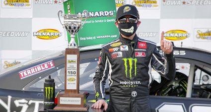 Ty Gibbs, driver of the #18 Monster Energy-Terrible Herbst-ORCA Toyota celebrates winning the Shore Lunch 150 for the ARCA Menards Racing Series at Iowa Speedway on Saturday, July 18, 2020. (Barry Cantrell/ARCA Racing)