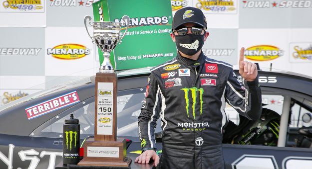 Ty Gibbs, driver of the #18 Monster Energy-Terrible Herbst-ORCA Toyota celebrates winning the Shore Lunch 150 for the ARCA Menards Racing Series at Iowa Speedway on Saturday, July 18, 2020. (Barry Cantrell/ARCA Racing)