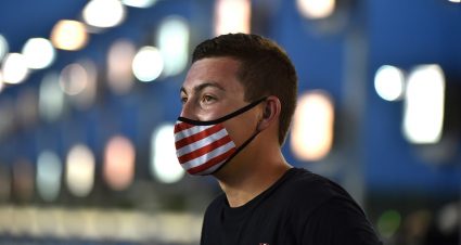 Derek Griffith, driver of the #22 Original Gourmet Lollipops Ford, waits for the start of the ARCA Menards Dawn 150 on July 24, 2020 at Kansas Speedway in Kansas City, Kansas. (Ed Zurga/ARCA Racing)