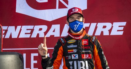 Chandler Smith, driver of the #20 JBL Toyota, poses for the Pole Award after the qualifying of the Menards.com 200 presented by SPxE for the ARCA Menards series on July 31, 2020 at at Toledo Speedway in Toledo, Ohio. (Nic Antaya/ARCA Racing)