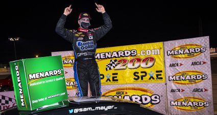 Sam Mayer, driver of the #21 Chevy Accessories Chevrolet, celebrates his win in Victory Lane during the Menards.com 200 presented by SPxE for the ARCA Menards series on July 31, 2020 at at Toledo Speedway in Toledo, Ohio. (Nic Antaya/ARCA Racing)
