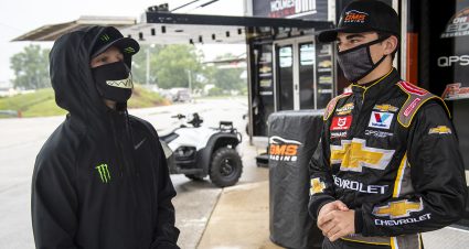Ty Gibbs, driver of the #18 Monster / Terrible Herbst / ORCA Toyota, and Sam Mayer, driver of the #21 Chevy Accessories Chevrolet, talk during a weather delay in the Menards 200 presented by Crosley Brands for the ARCA Menards Series on August 1, 2020 at at Toledo Speedway in Toledo, Ohio. (Nic Antaya/ARCA Racing)