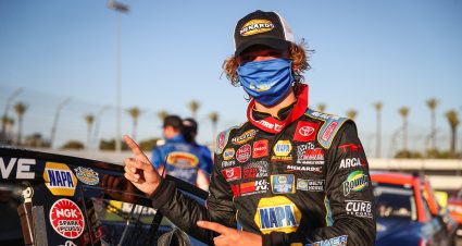 Jesse Love, driver of the #19 NAPA Power Premium Plus Toyota, wins the ENEOS 125 presented by NAPA Auto Parts as part of the ARCA Menards Series West held at Irwindale Speedway in Irwindale, Calif. on July 4, 2020.