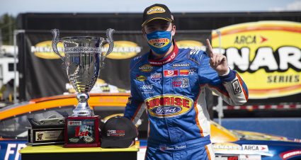 During the ENEOS/NAPA Auto Parts 100 for the ARCA Menards Series on August 7, 2020 at at Evergreen Speedway in Monroe, Washington. Blaine Perkins #9, driver of the Sunrise Ford, took first place. (Lindsey Wasson/ARCA Racing)