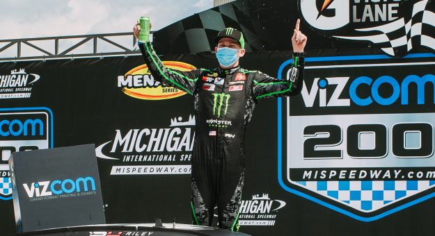 BROOKLYN, MI - August 9: Riley Herbst, driver of the #18 Monster/Terrible Herbst/ORCA Toyota, celebrates his win of the VizCom 200 for the ARCA Menards Series on August 9, 2020 at Michigan International Speedway in Brooklyn, Michigan. (Allison Farrand/ARCA Racing)