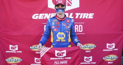 Gio Scelzi, driver of the #16 NAPA Auto Parts/Curb Records Toyota before the ENEOS/NAPA Auto Parts 150 for the ARCA Menards Series West on August 8, 2020 at Douglas County Speedway in Roseburg, Oregon. (Benjamin Green/ARCA Racing)