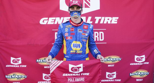 Gio Scelzi, driver of the #16 NAPA Auto Parts/Curb Records Toyota before the ENEOS/NAPA Auto Parts 150 for the ARCA Menards Series West on August 8, 2020 at Douglas County Speedway in Roseburg, Oregon. (Benjamin Green/ARCA Racing)