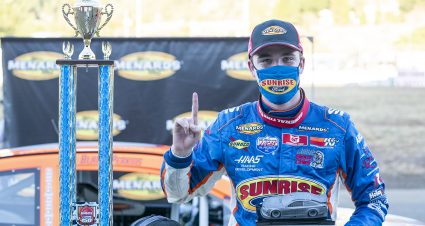 Blaine Perkins, driver of the #9 Sunrise Ford-Four Star Fruit/Lucas Oil Ford celebrates winning the ENEOS/NAPA Auto Parts 150 for the ARCA Menards Series West on August 8, 2020 at Douglas County Speedway in Roseburg, Oregon. (Benjamin Green/ARCA Racing)