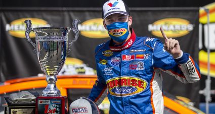 Blaine Perkins, driver of the #9 Sunrise Ford/Four Star Fruit Ford, in Victory Lane after winning the ENEOS/NAPA Auto Parts 100 for the ARCA Menards Series West at Evergreen Speedway in Monroe, Washington on August 7, 2020. (Lindsey Wasson/ARCA Racing)