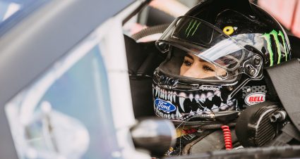 BROOKLYN, MI - August 9: Hailie Deegan, driver of the #4 Monster Ford, climbs into her car before the VizCom 200 for the ARCA Menards Series on August 9, 2020 at Michigan International Speedway in Brooklyn, Michigan. (Allison Farrand/ARCA Racing)