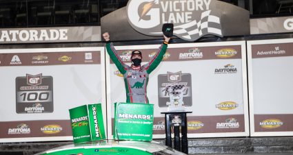 Michael Self driver of the #25 Sinclair Lubricants Toyota celebrates after winning the ARCA Menards Series General Tire 100 at the Daytona International Speedway Road Course in Daytona Beach, Florida on August 14, 2020. (James Gilbert/ARCA Racing)