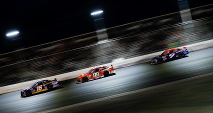 Derek Kraus #16, Brittney Zamora #99, and Trevor Huddleston #9 in action at the Colorado NAPA 150 at Colorado National Speedway in Dacono, CO on June 8, 2019.