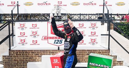 Sam Mayer, driver of the #21 Vince Lombardi Cancer Foundation Chevrolet wins the during the General Tire 125 for the ARCA Menards Series East at Dover International Speedway in Dover, Delaware on Friday, August 21, 2020. (Timothy Nwachukwu/NASCAR)