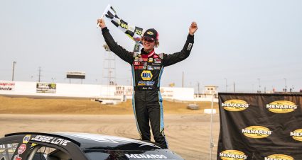Jesse Love, driver of the #19 NAPA Power Premium Plus Toyota celebrates after winning the ENEOS 150 Presented by NAPA Auto Parts for the ARCA Menards Series West at Colorado National Speedway in Dacono, Colorado, on Saturday, August 22, 2020. (Chet Strange/ARCA Racing)