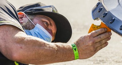 A technician for the #18 Monster Energy/Terrible Herbst/ORCA Toyota lines the front of the car with epoxy during the General Tire 125 for the ARCA Menards Series East at Dover International Speedway in Dover, Delaware on Friday, August 21, 2020. (Timothy Nwachukwu/NASCAR)