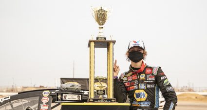 Jesse Love, driver of the #19 NAPA Power Premium Plus Toyota after the ENEOS 150 Presented by NAPA Auto Parts for the ARCA Menards Series West at Colorado National Speedway in Dacono, Colorado, on Saturday, August 22, 2020. (Chet Strange/ARCA Racing)