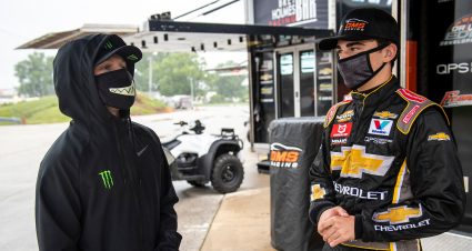 Ty Gibbs, driver of the #18 Monster / Terrible Herbst / ORCA Toyota, and Sam Mayer, driver of the #21 Chevy Accessories Chevrolet, talk during a weather delay in the Menards 200 presented by Crosley Brands for the ARCA Menards Series on August 1, 2020 at at Toledo Speedway in Toledo, Ohio. (Nic Antaya/ARCA Racing)