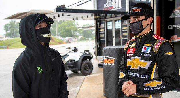 Ty Gibbs, driver of the #18 Monster / Terrible Herbst / ORCA Toyota, and Sam Mayer, driver of the #21 Chevy Accessories Chevrolet, talk during a weather delay in the Menards 200 presented by Crosley Brands for the ARCA Menards Series on August 1, 2020 at at Toledo Speedway in Toledo, Ohio. (Nic Antaya/ARCA Racing)