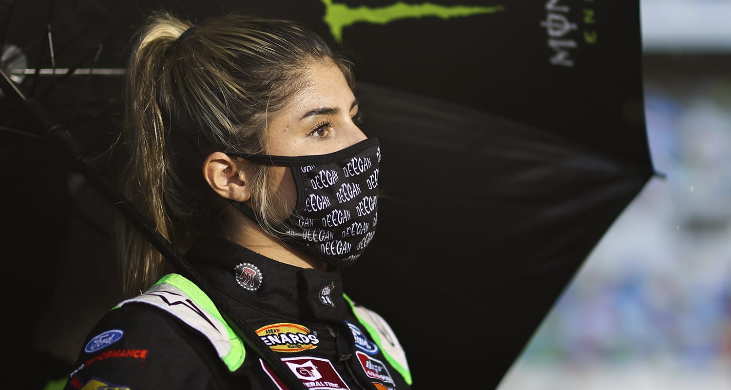 Hailie Deegan driver of the #4 Monster Ford looks on before the ARCA Menards Series General Tire 100 at the Daytona International Speedway Road Course in Daytona Beach, Florida on August 14, 2020. (James Gilbert/ARCA Racing)
