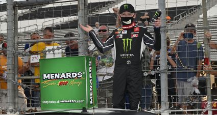 Ty Gibbs, driver of the #18 Monster-Terrible Herbst-ORCA Toyota, celebrates after winning the Dutch Boy Paints 150 for the ARCA Menards Series at World Wide Technology Raceway at Gateway in Madison, Illinois on Saturday, August 29, 2020. (Jeff Curry/ARCA Racing)