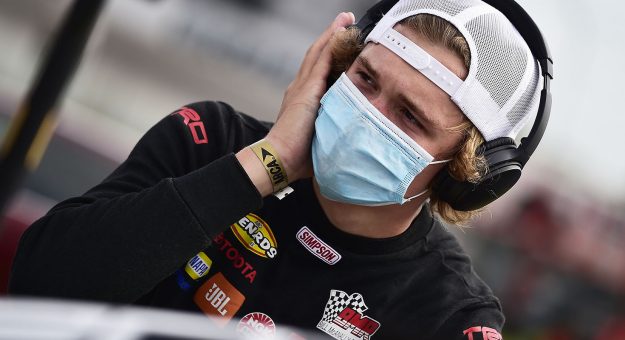 Jesse Love, driver of the #19 NAPA Power Premium Plus Toyota, listens to music in the garage area prior to practice for the Dutch Boy Paints 150 for the ARCA Menards Series at World Wide Technology Raceway at Gateway in Madison, Illinois on Saturday, August 29, 2020. (Jeff Curry/ARCA Racing)