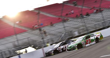 Taylor Gray, driver of the #17 Ford Performance Ford, and Michael Self, driver of the #25 Sinclair Lubricants Toyota, race during the Dutch Boy Paints 150 for the ARCA Menards Series at World Wide Technology Raceway at Gateway in Madison, Illinois on Saturday, August 29, 2020. (Jeff Curry/ARCA Racing)