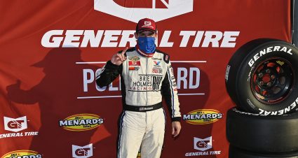 Bret Holmes, driver of the #23 Holmes II Excavation Chevrolet, poses for a photo after winning the pole award during qualifying for the Zinsser SmartCoat 200 for the ARCA Menards Series at I-44 Speedway in Lebanon, Missouri on September 5, 2020. (Jeff Curry/ARCA Racing)