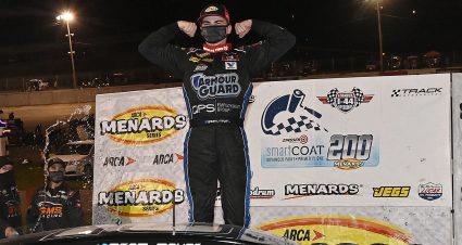 Sam Mayer, driver of the #21 Pat Connaughton With Us Foundation Chevrolet, celebrates after winning the Zinsser SmartCoat 200 for the ARCA Menards Series at I-44 Speedway in Lebanon, Missouri on September 5, 2020. (Jeff Curry/ARCA Racing)
