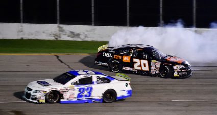 Chandler Smith, driver of the #20 JBL Toyota, loses control after he was bumped by Bret Holmes, driver of the #23 Holmes II Excavation Chevrolet, during the Zinsser SmartCoat 200 for the ARCA Menards Series at I-44 Speedway in Lebanon, Missouri on September 5, 2020. (Jeff Curry/ARCA Racing)