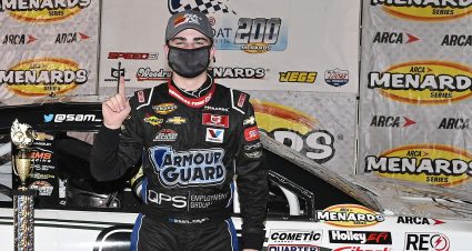 Sam Mayer, driver of the #21 Pat Connaughton With Us Foundation Chevrolet, poses for a photo in victory lane  after winning the Zinsser SmartCoat 200 for the ARCA Menards Series at I-44 Speedway in Lebanon, Missouri on September 5, 2020. (Jeff Curry/ARCA Racing)