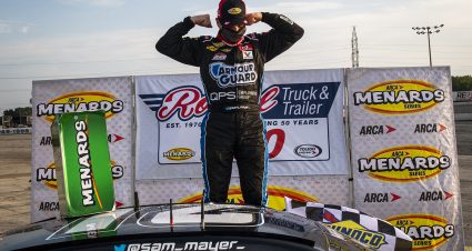 Sam Mayer, driver of the #21 Lynn Family Foundation Chevrolet, celebrates in Victory Lane after winning the Royal Truck & Trailer 200 for the ARCA Menards Series on September 12, 2020 at Toledo Speedway in Toledo, Ohio. (Nic Antaya/ARCA Racing)