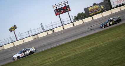 Sam Mayer, driver of the #21 Lynn Family Foundation Chevrolet, and Hailie Deegan, driver of the #4 Monster Ford, race during the Royal Truck & Trailer 200 for the ARCA Menards Series on September 12, 2020 at Toledo Speedway in Toledo, Ohio. (Nic Antaya/ARCA Racing)
