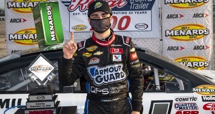 Sam Mayer, driver of the #21 Lynn Family Foundation Chevrolet, participates in the hat dance in Victory Lane during the Royal Truck & Trailer 200 for the ARCA Menards Series on September 12, 2020 at Toledo Speedway in Toledo, Ohio. (Nic Antaya/ARCA Racing)