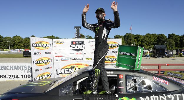 Ty Gibbs, driver of the #18 Monster / Terrible Herbst / ORCA Toyota, after winning  the Toyota 200 Presented by Crosley Brands for the ARCA Menards Series at Winchester Speedway in Winchester, Indiana on September 19, 2020. (AJ Mast/ARCA Racing)
